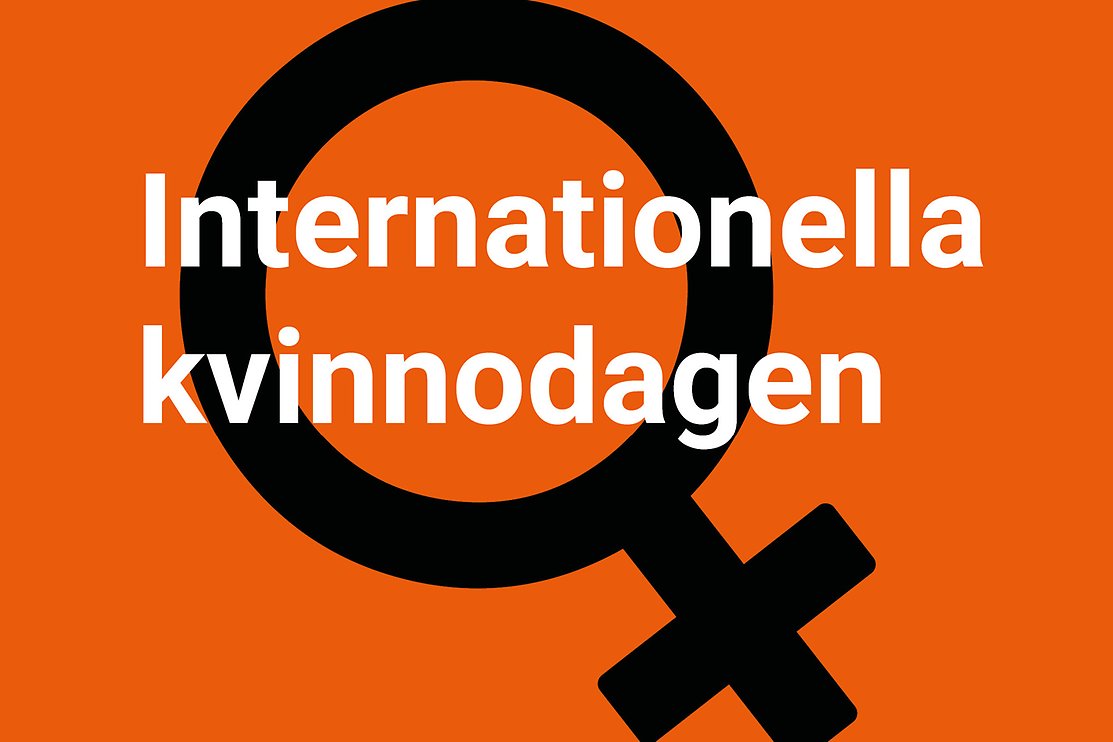 Svart kvinnosymbol på orange bakgrund med vit text Internationella kvinnodagen. Illustration.