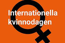 Svart kvinnosymbol på orange bakgrund med vit text Internationella kvinnodagen. Illustration.