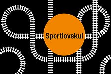 Vit tecknad räls på svart bakgrund. Orange cirkel med text Sportlovskul. Illustration.