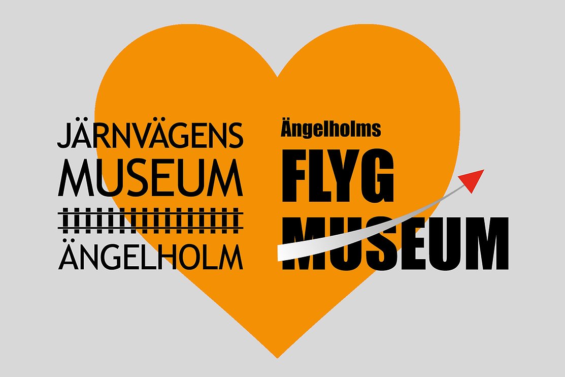 Logotyper Järnvägens Museum och Ängelholms Flygmuseum med orange hjärta på grå bakgrund